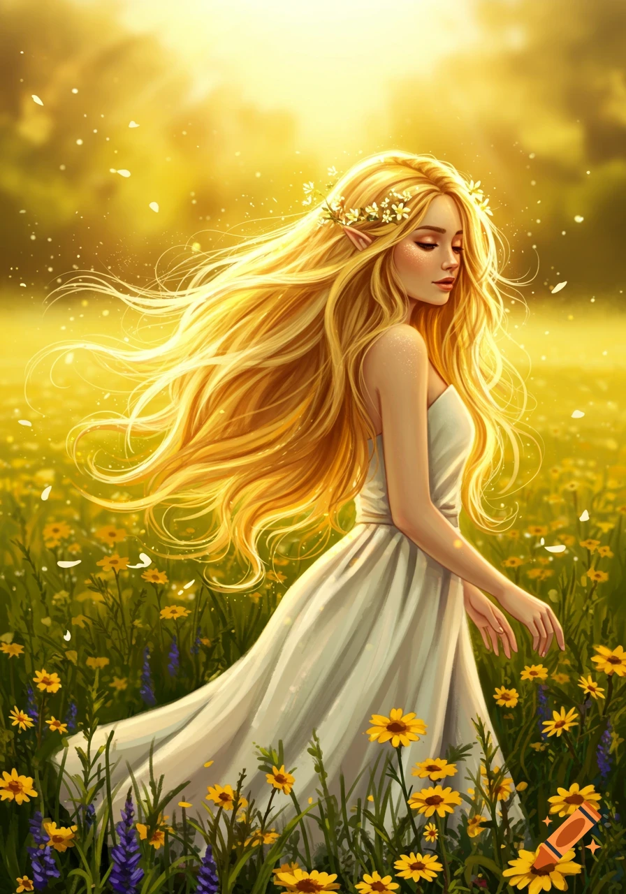 Digital art of a golden-haired elf woman with pointed ears walking in a sunny field of yellow and purple wildflowers.