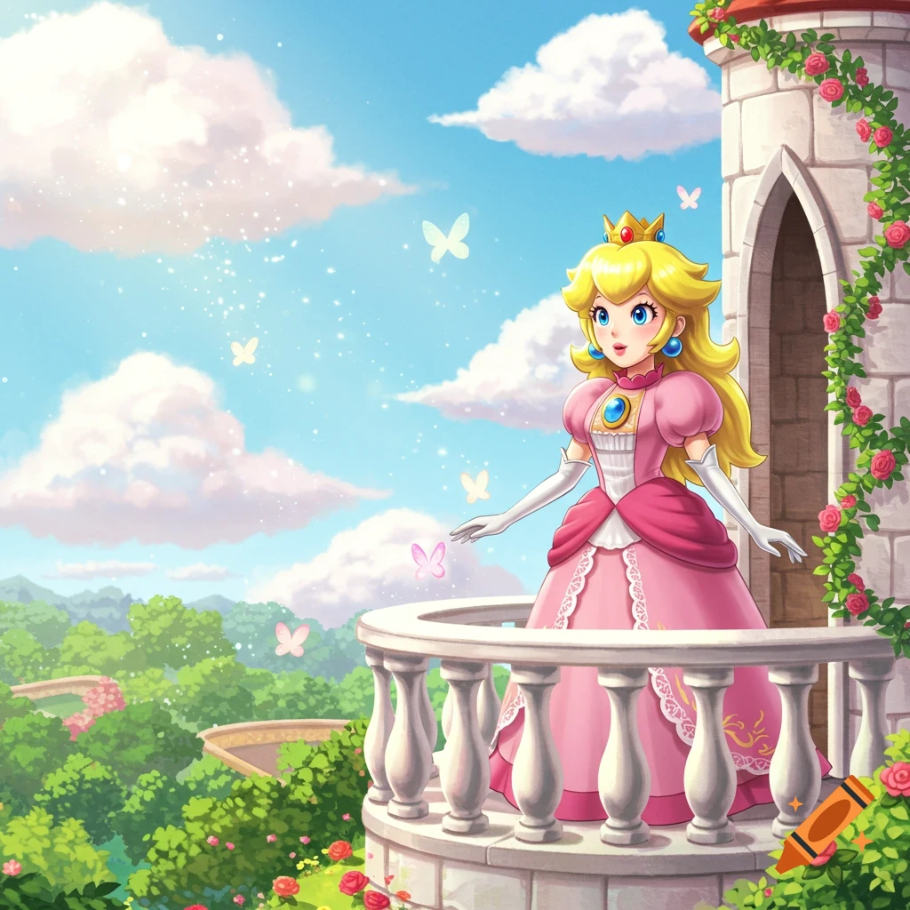 Princess Peach on a castle balcony, surrounded by nature and butterflies, in a vibrant illustration style.