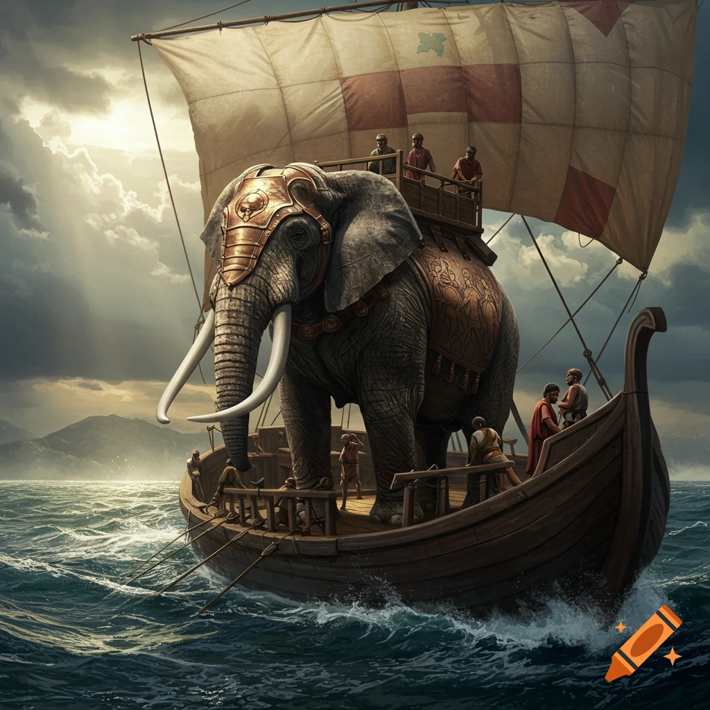 A large armored war elephant stands on a wooden sailing ship, with men, on rough seas under a cloudy sky.