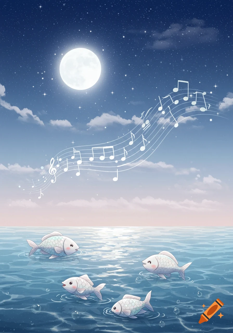 Whimsical illustration of smiling fish swimming under a full moon with musical notes floating in the starry night sky.