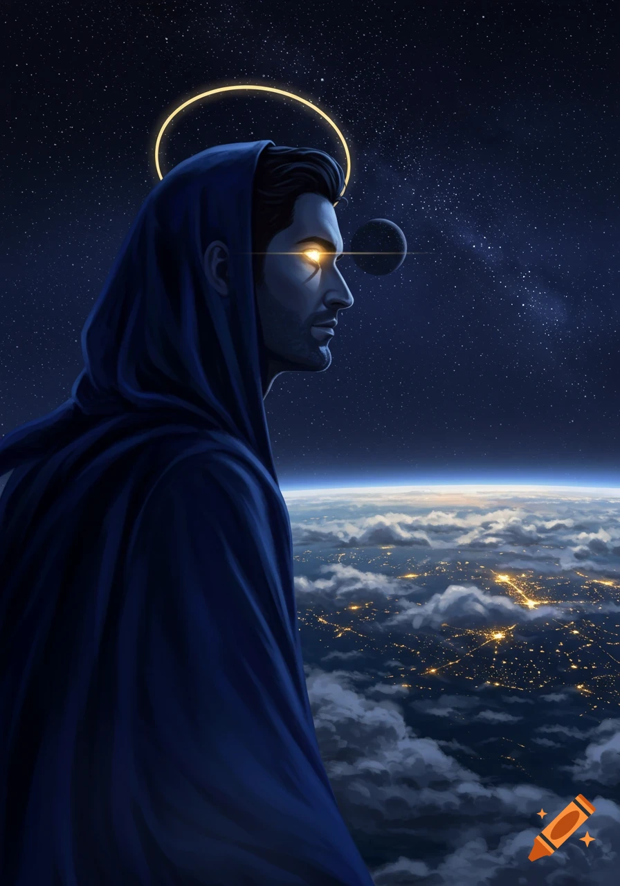 A hooded figure with glowing eyes and a halo looks down at a brightly lit Earth from dark space.