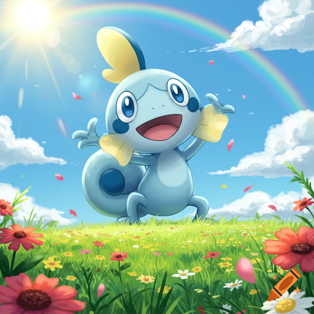 Happy Sobble in a field of colorful flowers under a sunny sky with a rainbow.