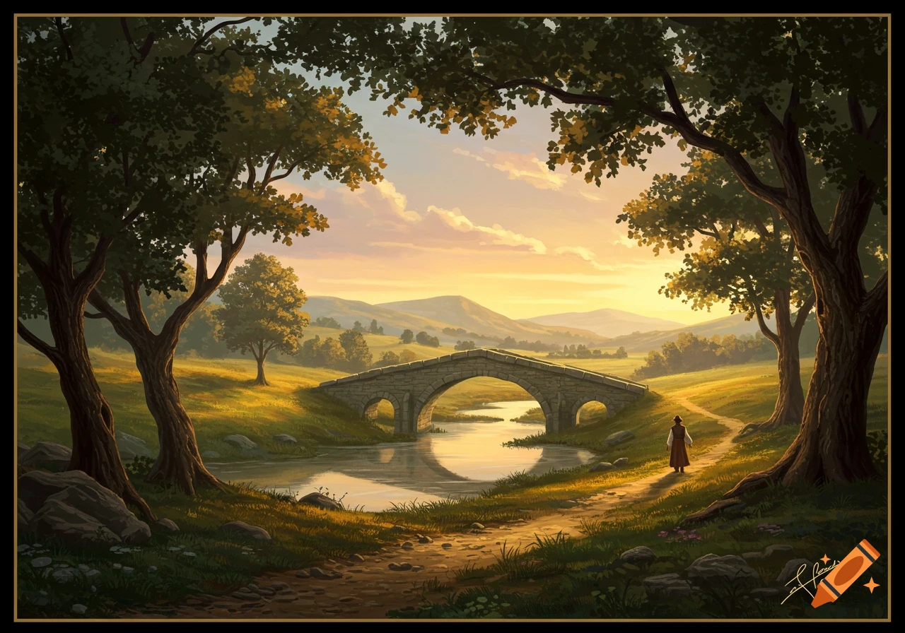 A vibrant, illustrative landscape at sunset with a stone bridge over a river, framed by trees, and a person on a path.