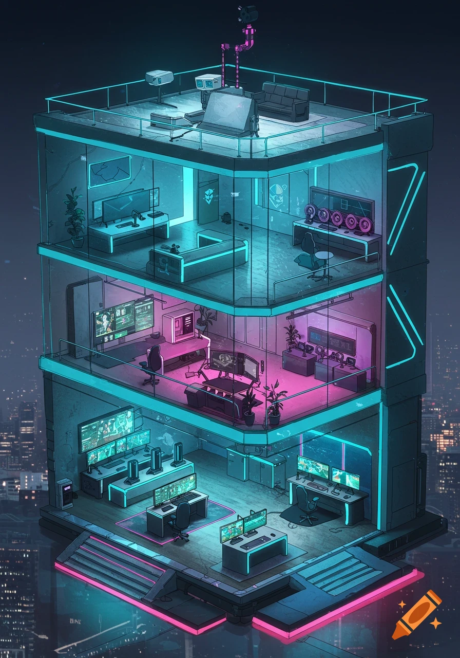 An isometric view of a multi-story building with a cyberpunk aesthetic, featuring neon-lit gaming and tech setups on each floor, against a dark city background.