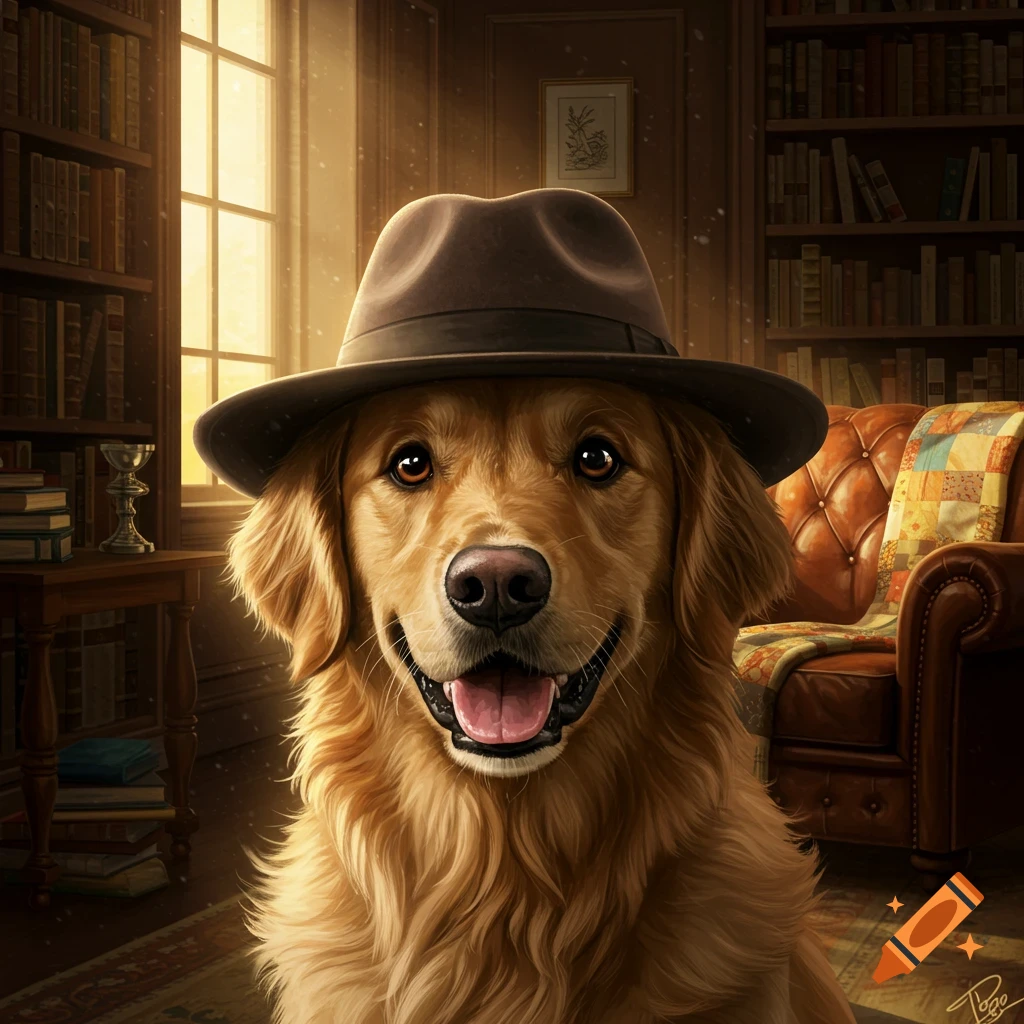 A photorealistic golden retriever in a fedora hat smiles in a cozy library with bookshelves and a leather armchair, bathed in golden light.