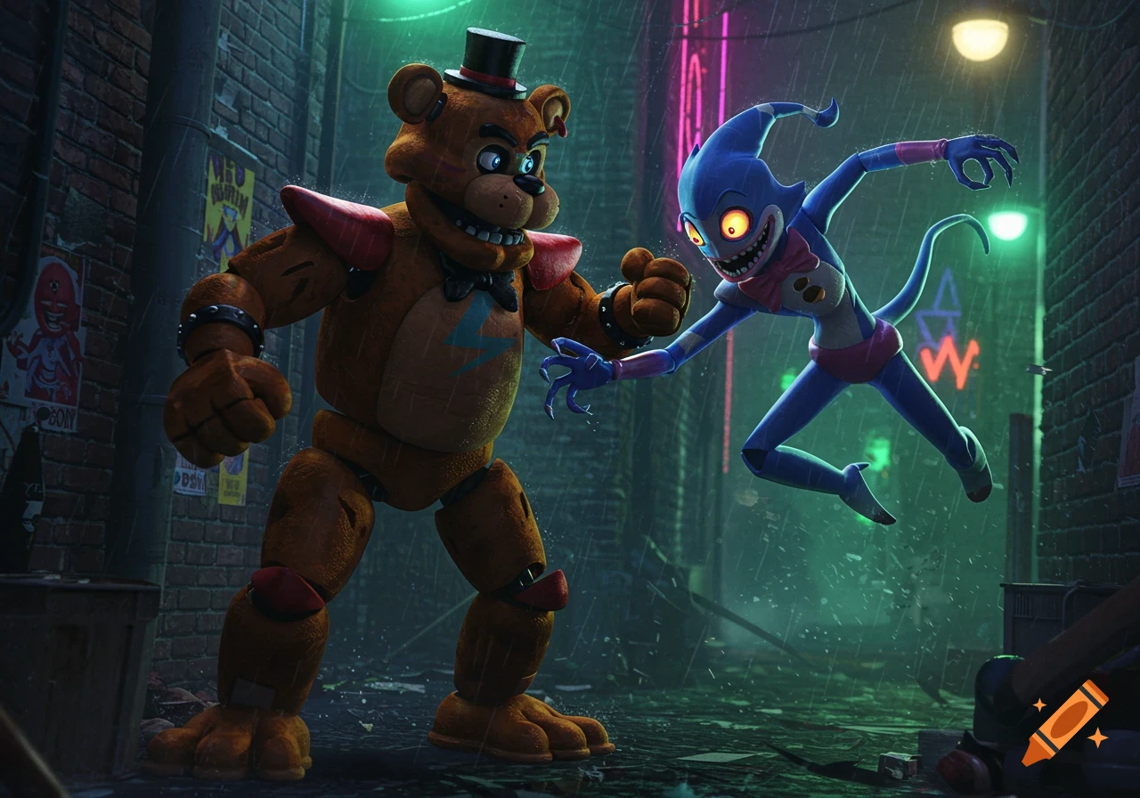Glamrock Freddy and a blue Banban-like monster battle in a rainy, neon-lit alleyway at night, digital art.