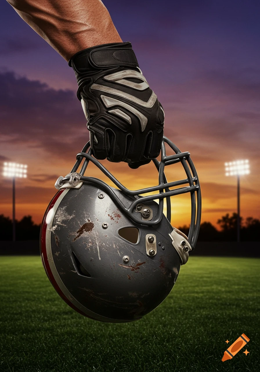 Photorealistic image of a gloved hand holding a dirty football helmet on a field at sunset with stadium lights.