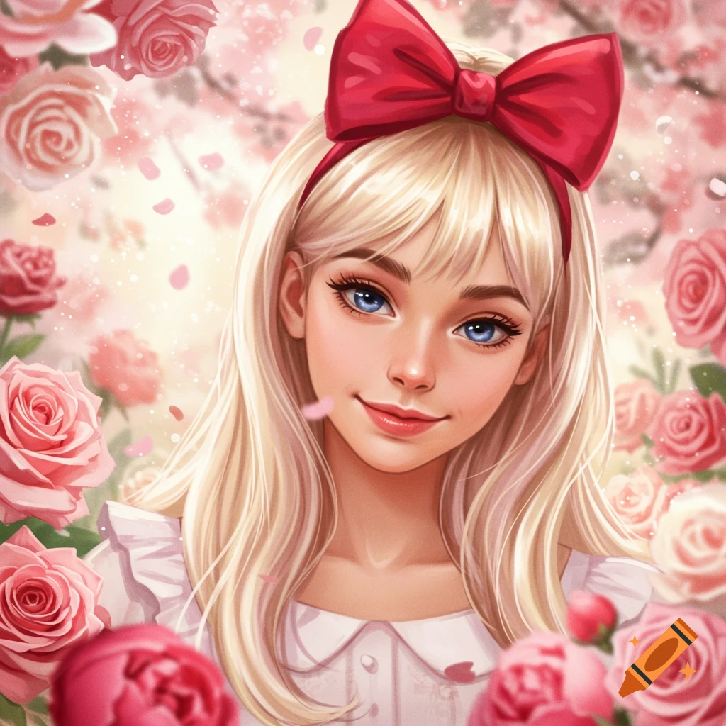 A stylized portrait of a fair-skinned young woman with blonde hair, blue eyes, and a red bow, smiling amidst pink roses and petals.