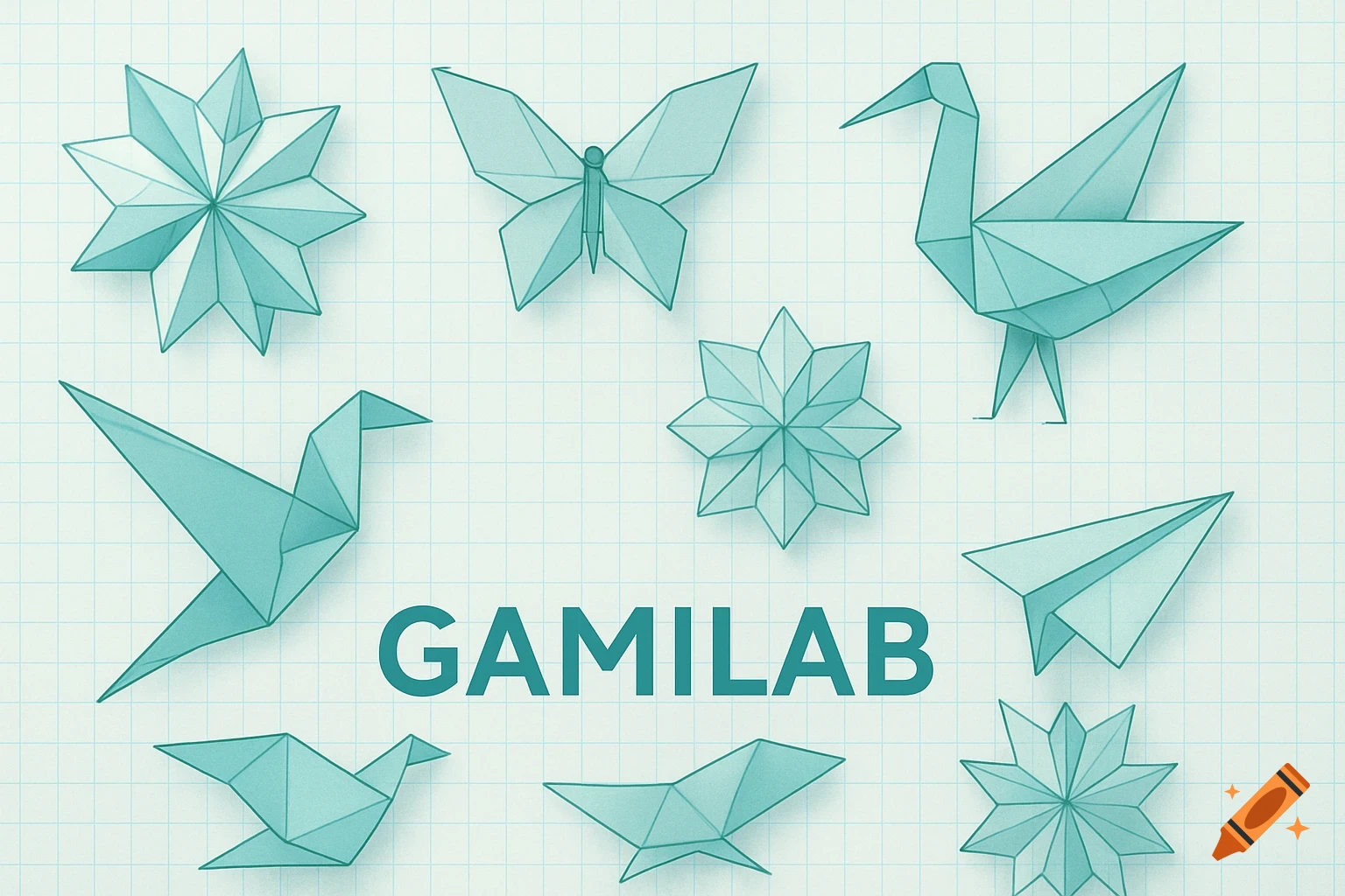 Light teal origami figures of stars, butterflies, cranes, and birds, plus a paper airplane, on a grid background with 'GAMILAB' text.