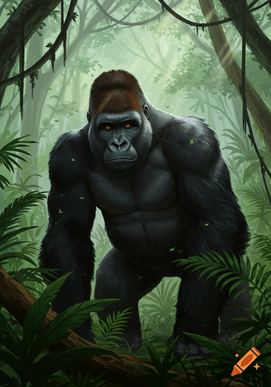 A powerful, menacing black gorilla with orange eyes stands in a lush green jungle, digital illustration.