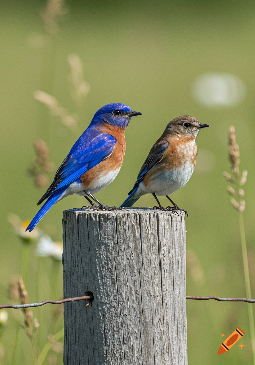 Two photorealistic bluebirds, a male and female, perched on a weathered wooden fence post in a sunny, green field.