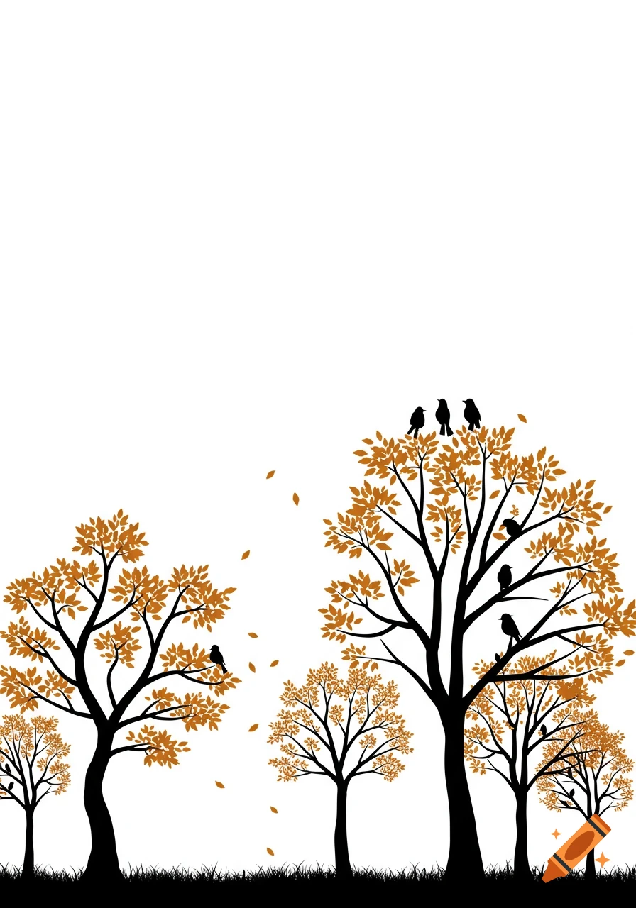 Minimalist black silhouette autumn trees with orange leaves, birds, and grass against a white background.