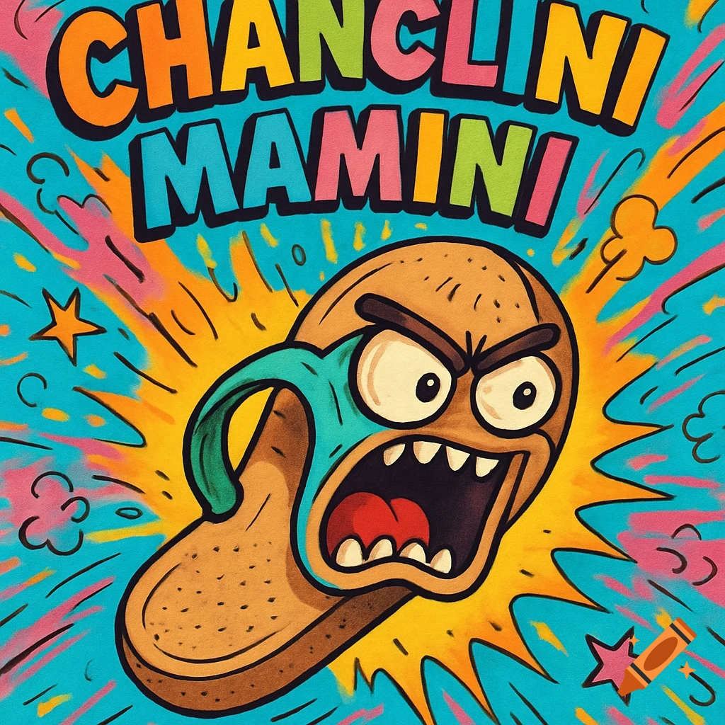 Vibrant cartoon of an angry sandal with 'CHANCLINI MAMINI' text over a chaotic, colorful, star-filled background.