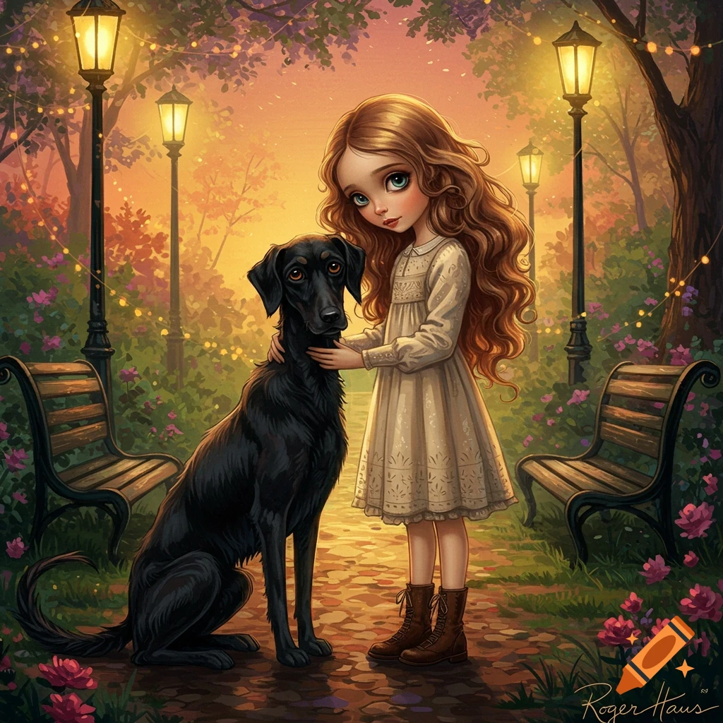 Whimsical illustration of a young girl petting a black dog in a glowing, enchanted park.