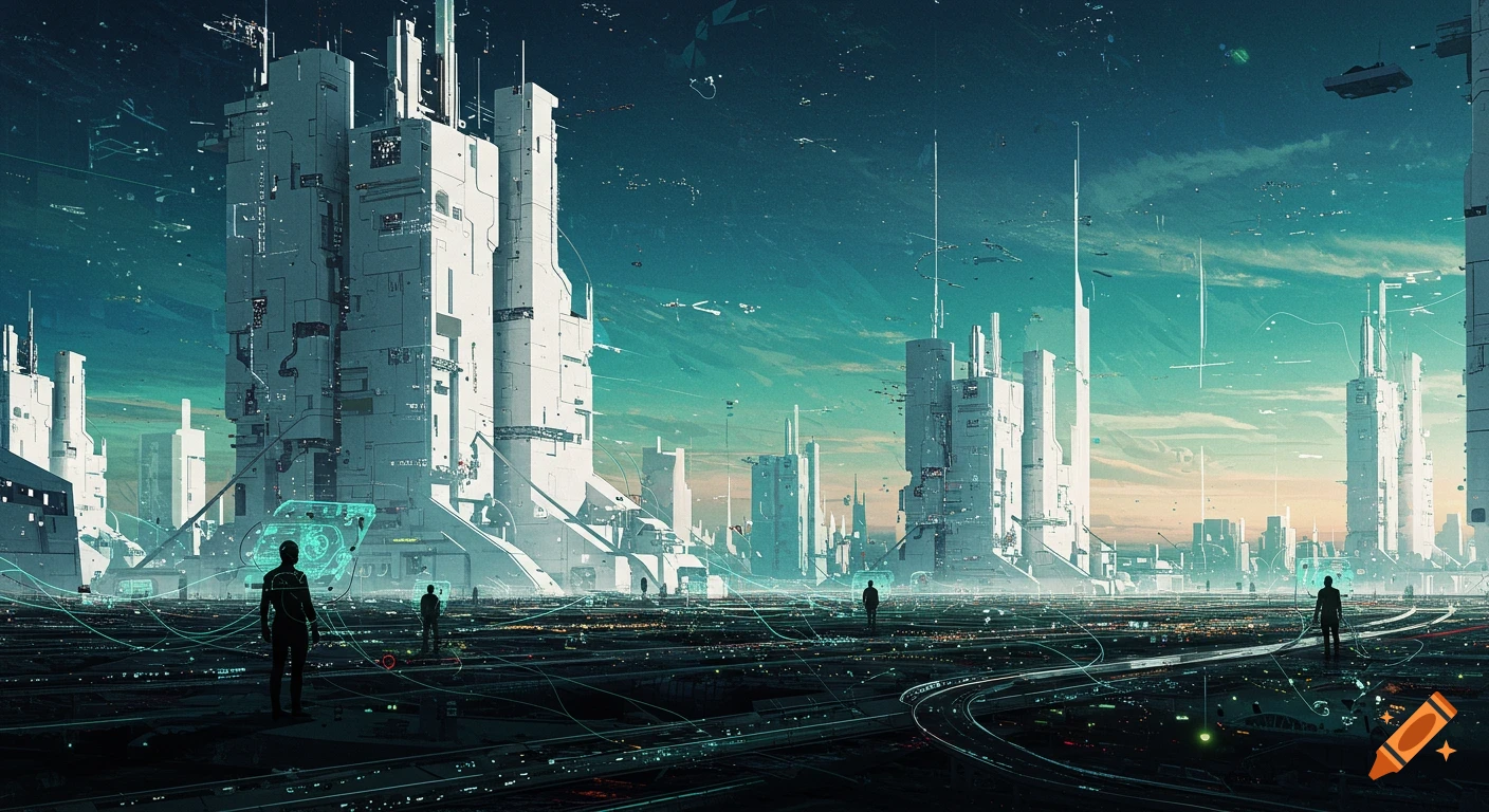 A sprawling futuristic city with towering white buildings, interconnected by glowing lines on the ground, under a teal sky. Silhouetted figures observe the scene.