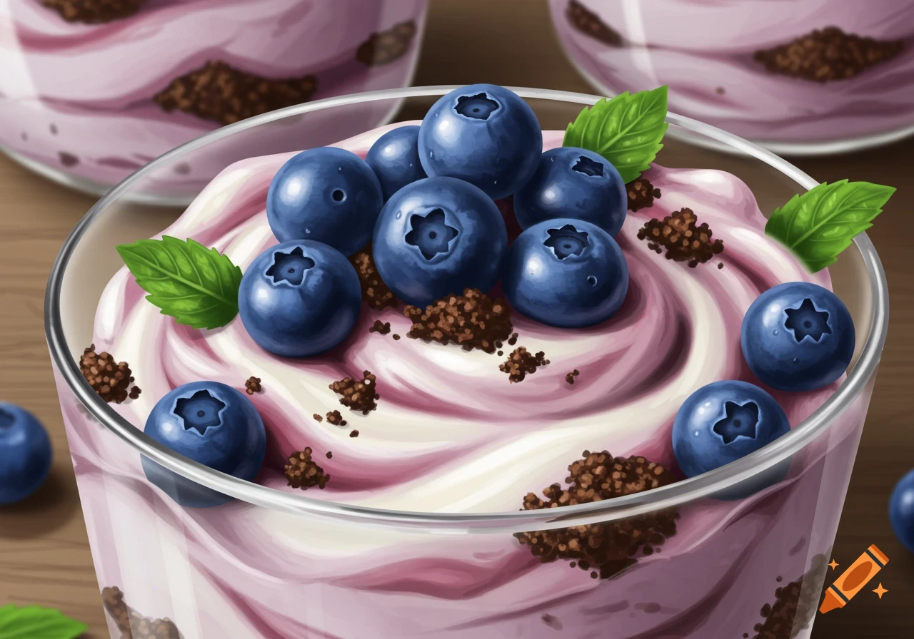 Close-up of a glass with swirled pink and white yogurt, topped with blueberries, mint leaves, and chocolate crumbs in an illustrated style.