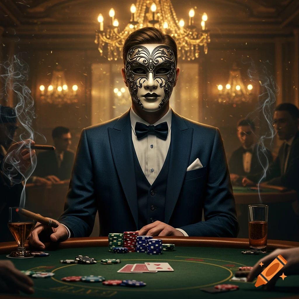 A man in a detailed silver and black Venetian-style mask and a blue suit plays poker at a dimly lit, luxurious casino table, holding a cigar. Chandelier lights gleam in the background.