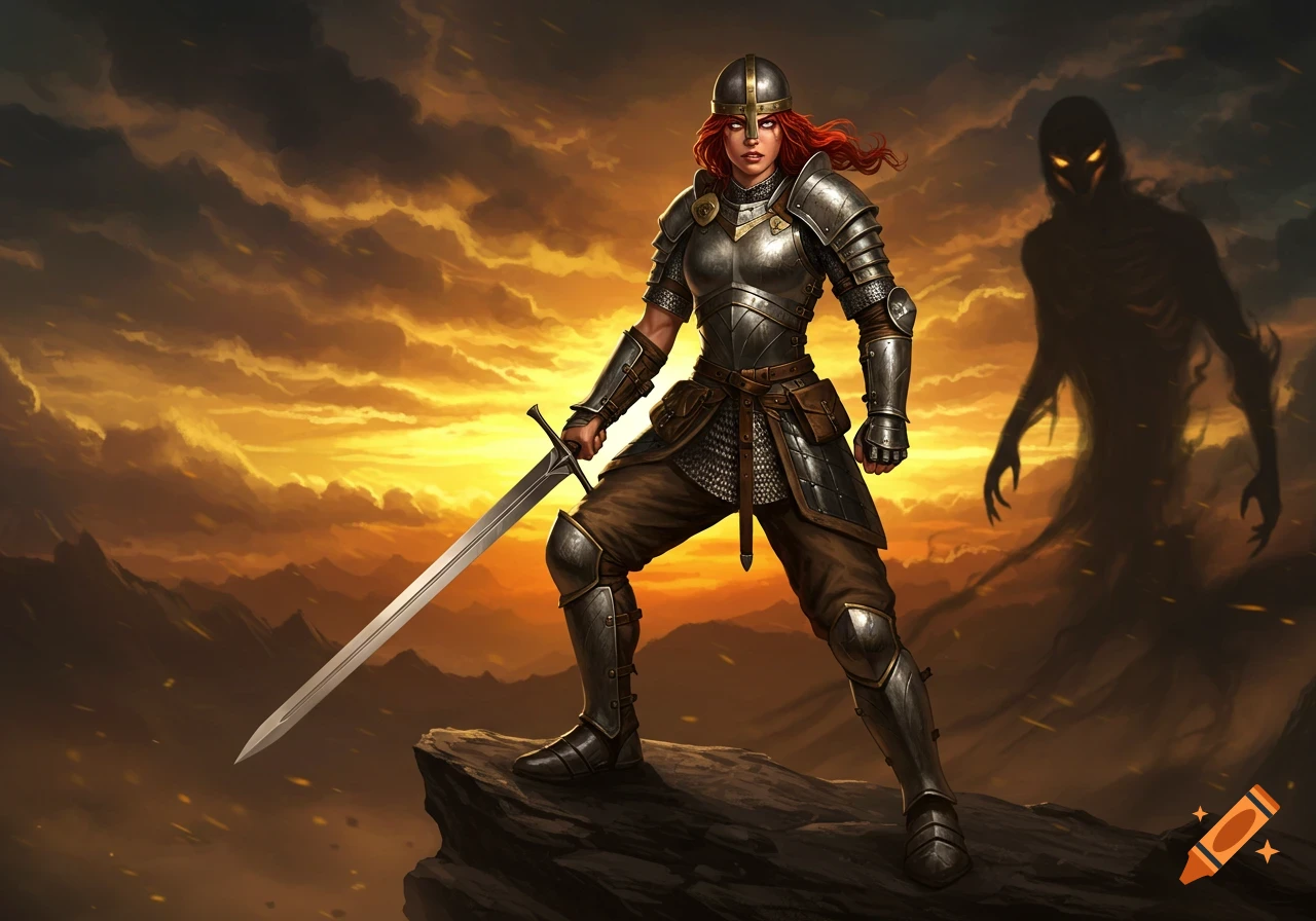 A female fantasy warrior in full armor stands with a longsword on a rocky peak, a shadowy figure behind her at sunset.