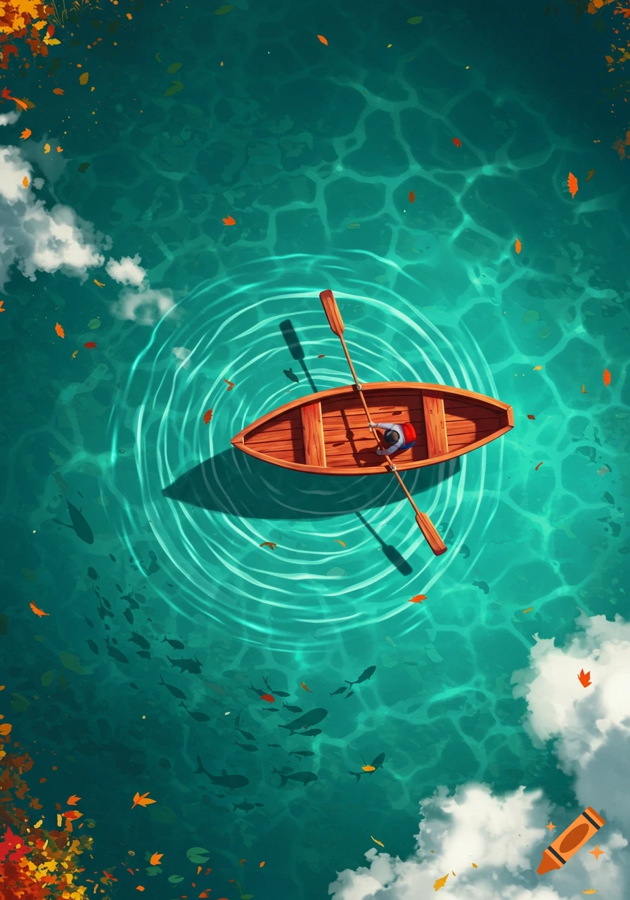 Top-down illustration of a person rowing a wooden boat on clear teal water, with floating autumn leaves and visible fish.