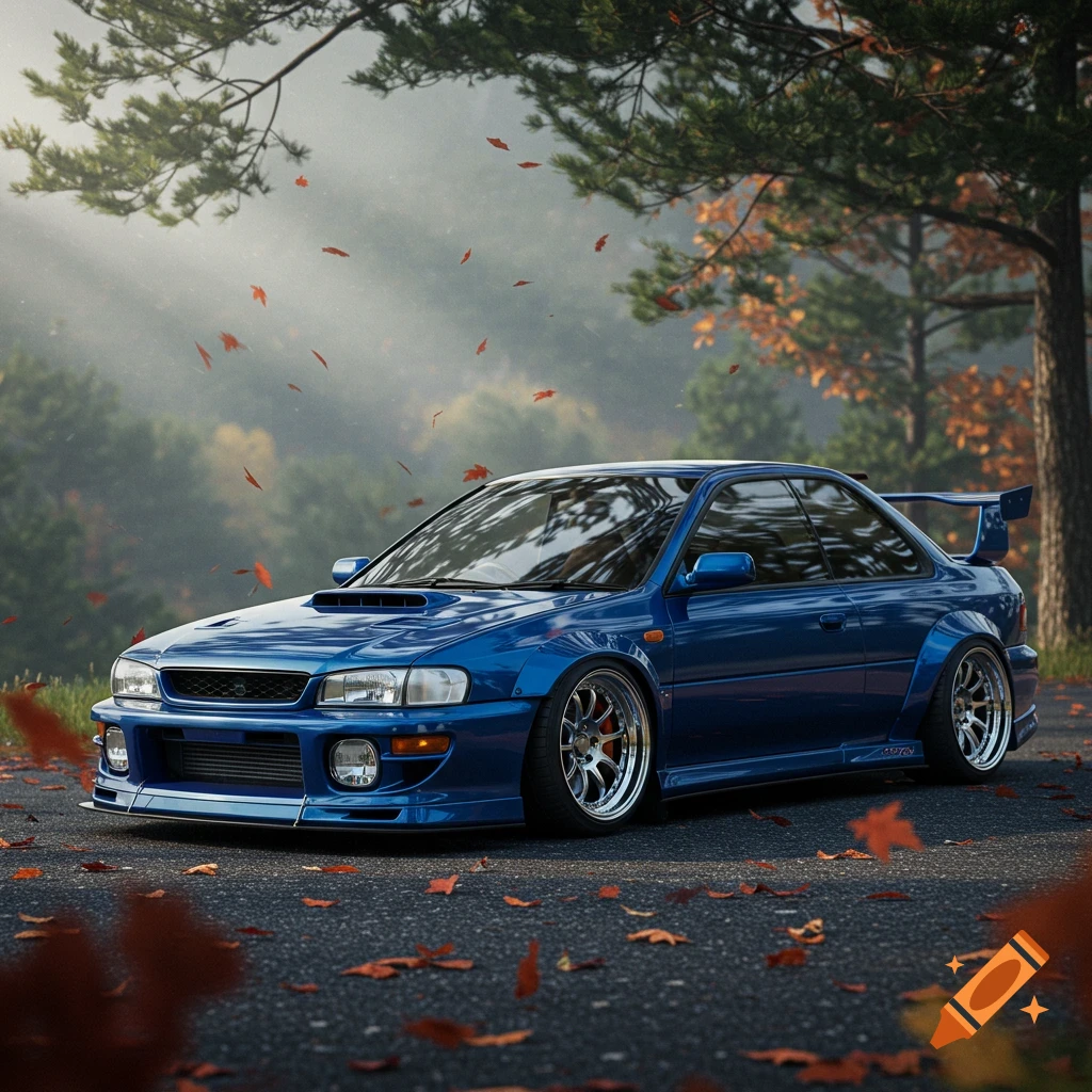 A blue Subaru Impreza GC8 restomod with a wide body kit is parked on an autumn road amidst a misty forest.
