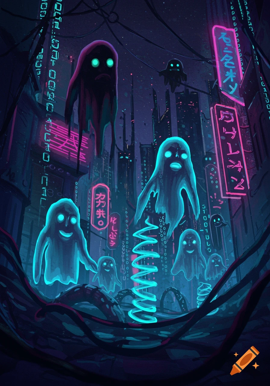Cyberpunk city at night with floating, glowing ghosts and neon signs, digital art.