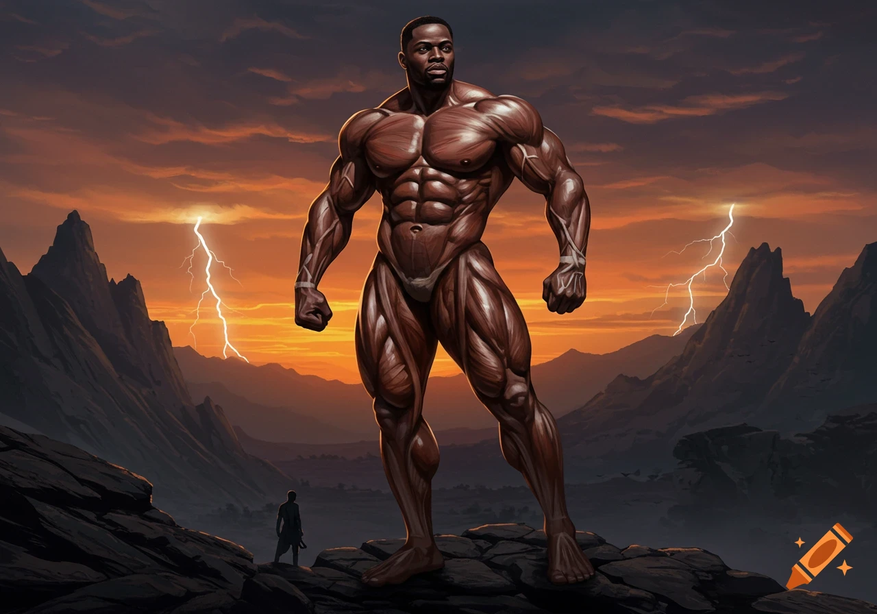 A giant, muscular black man stands on a rocky mountain peak against a dramatic sunset and lightning-filled sky, with a small figure below.