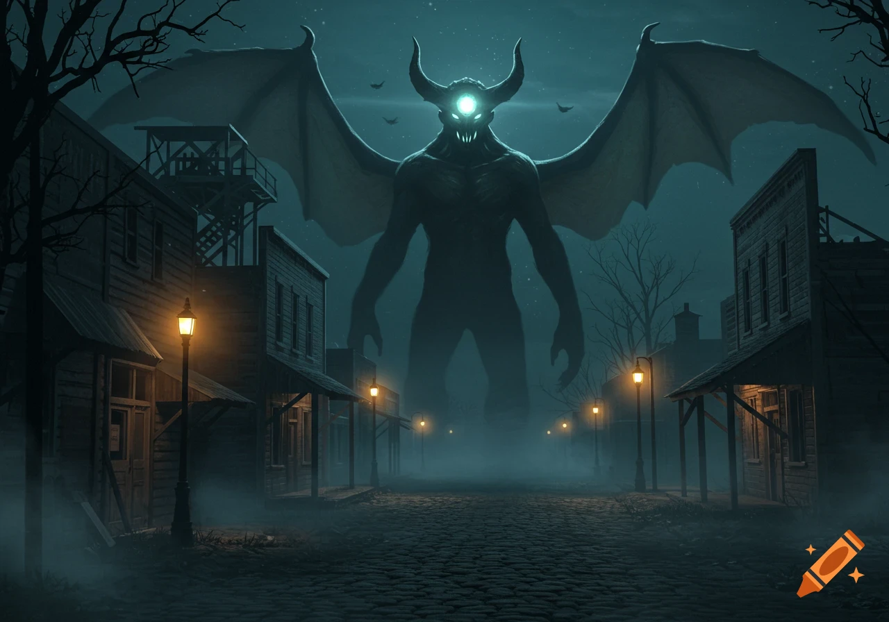 A giant, winged, horned demon with glowing eyes looms over a desolate, foggy cobblestone street at night, lined with old wooden buildings.