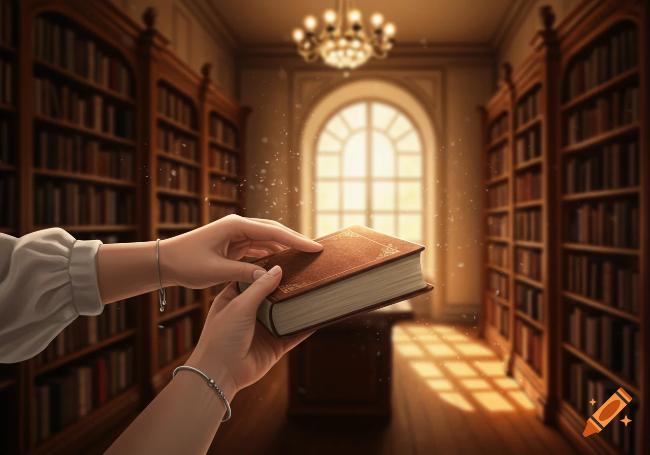 Two hands hold an old, decorative book in a sunlit library with tall bookshelves and an arched window.