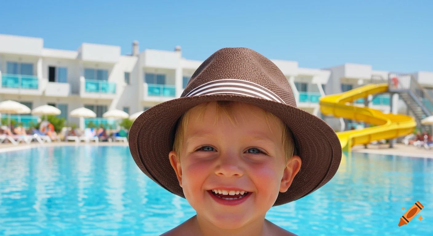 A smiling young blonde boy in a fedora hat stands in front of a blurred swimming pool and yellow waterslide on a sunny day.