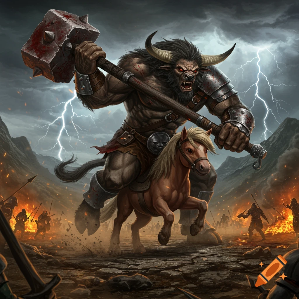 A massive Minotaur on a small horse, wielding a bloodied mace, charges into a fiery battle under a stormy, lightning-filled sky.