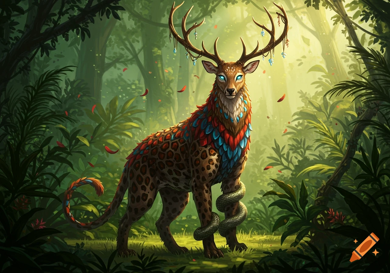 A vibrant, mystical creature with a leopard-print body, colorful feather-like fur, deer antlers, glowing blue eyes, and a snake wrapped around its leg, stands in a lush jungle.