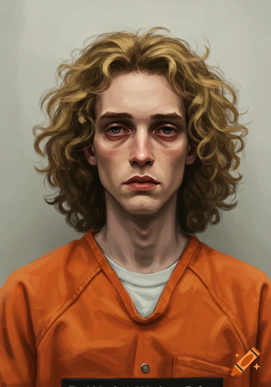 An illustration of a young man with curly blonde hair and sunken eyes in an orange prison jumpsuit, posed like a mugshot.