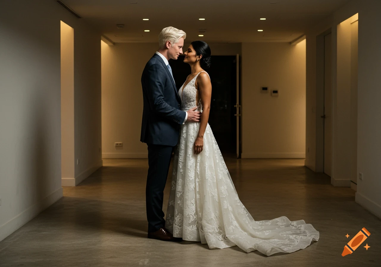 A photorealistic image of an Indian woman in a wedding gown and a white blonde man in a suit embracing in a modern venue.