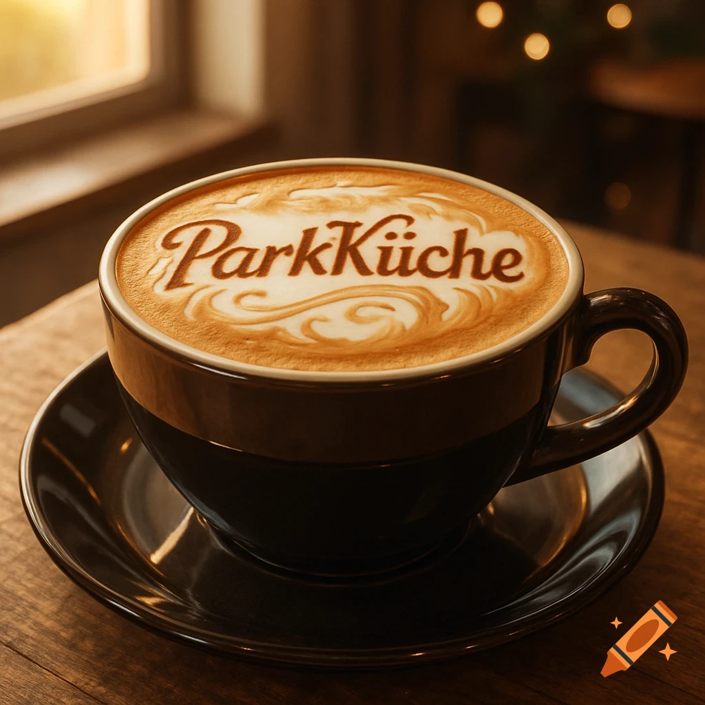 Photorealistic image of a dark coffee cup with latte art spelling "ParkKüche" on a wooden table near a window.