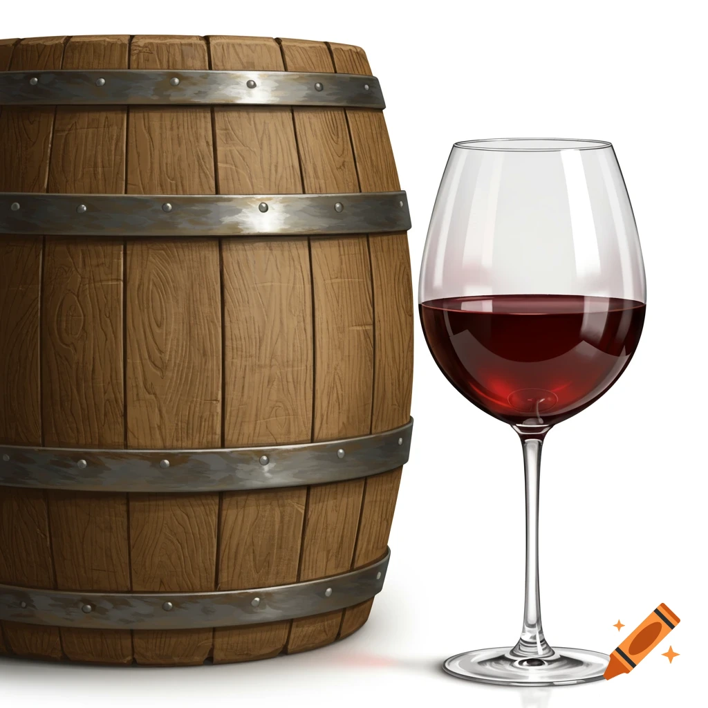 A wooden barrel stands next to a wine glass filled with red wine, on a plain white background.