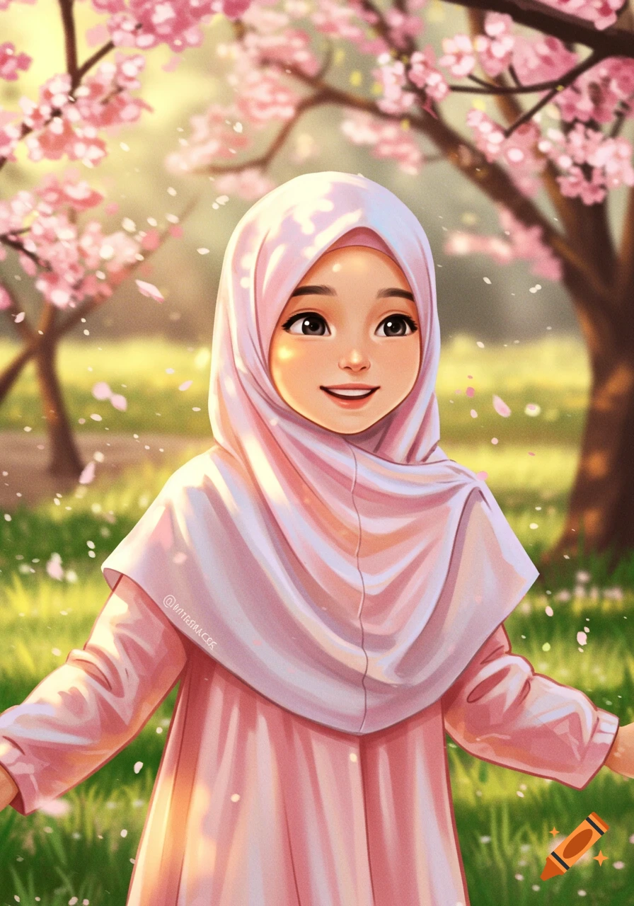 Smiling cartoon girl in a pink hijab amidst falling cherry blossoms in a sunny park.