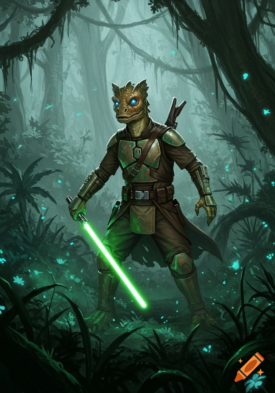 A reptilian Trandoshan character from Star Wars holds a green lightsaber in a misty, bioluminescent jungle.