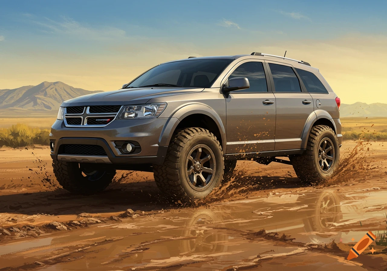 Photorealistic image of a lifted gray Dodge Journey driving through a muddy desert landscape under a clear sky.