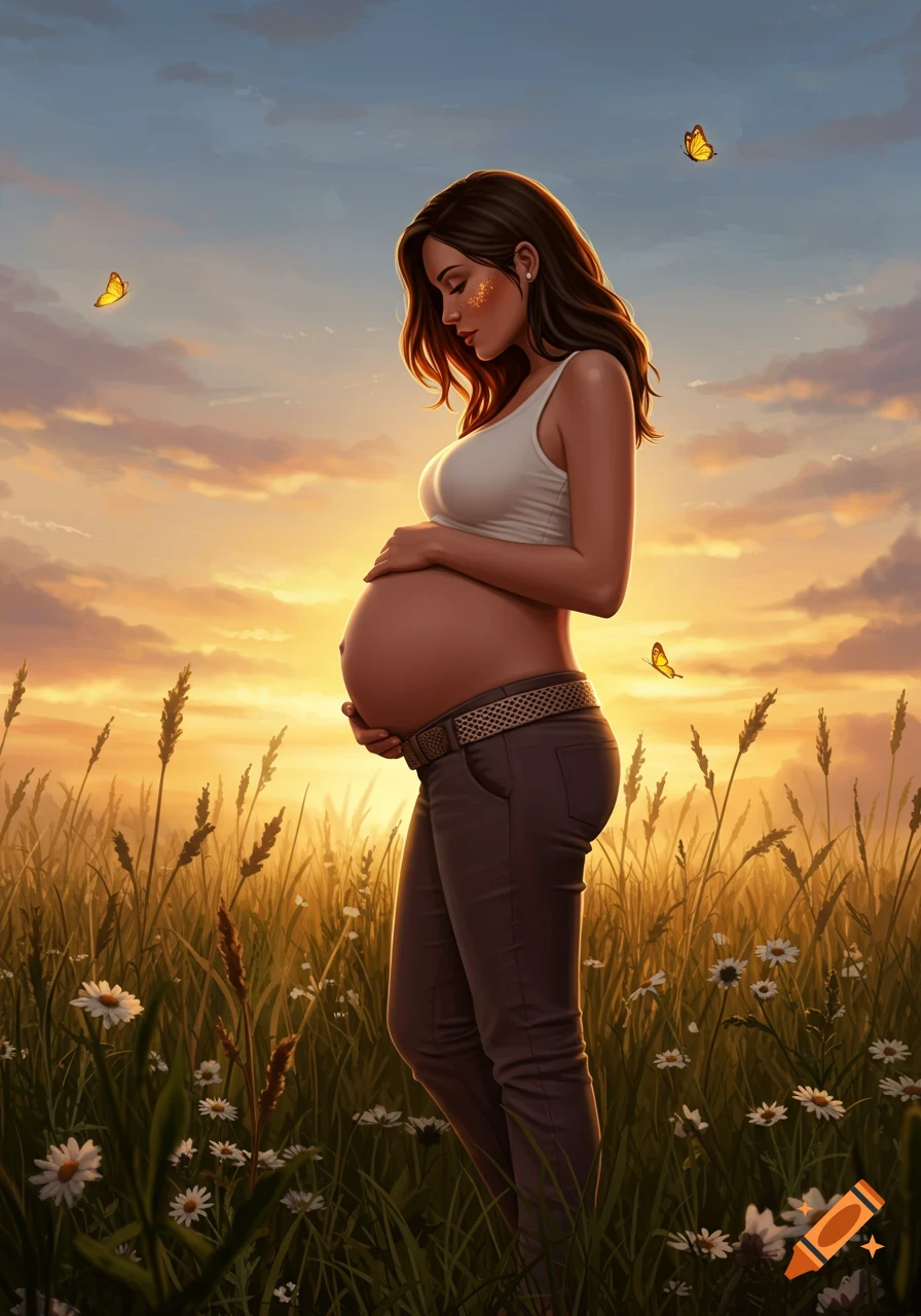 Digital art of a pregnant woman gently holding her belly, standing in a field of tall grass and daisies at sunset with butterflies.