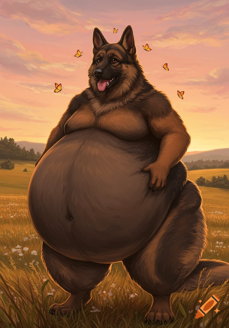 A super fat anthropomorphic German Shepherd stands happily in a sunny field with butterflies.