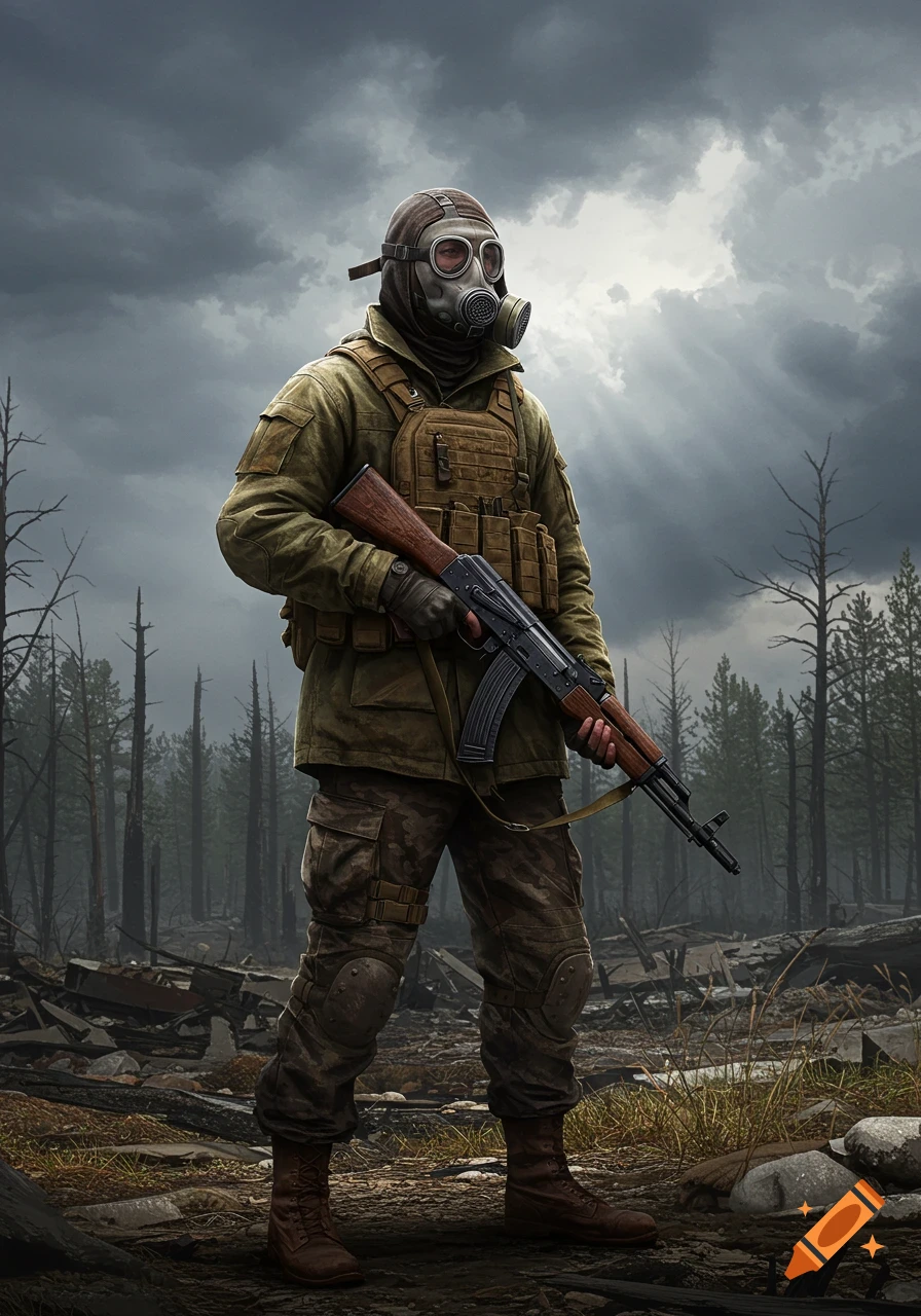 Gritty image of a soldier in a gas mask holding an AK-47, standing in a ruined forest under a dark sky.