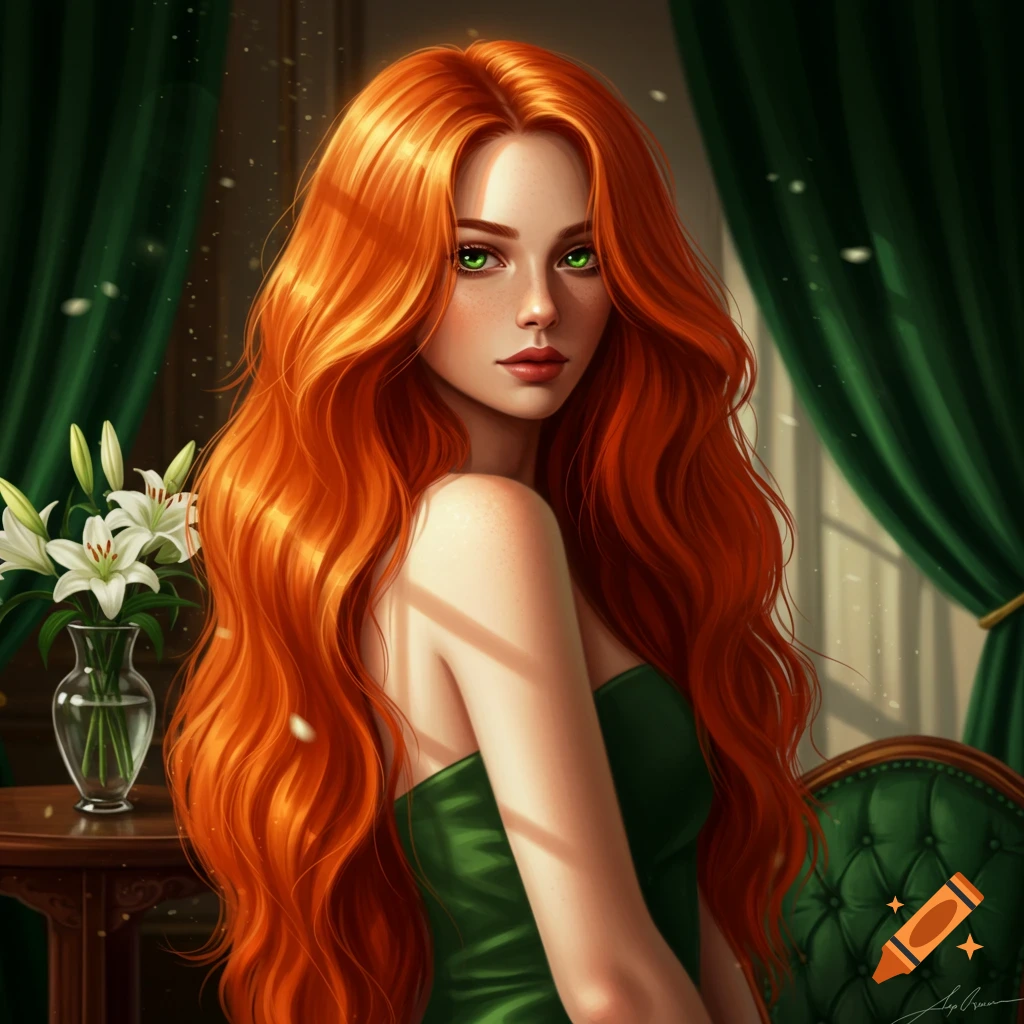 A beautiful digital art portrait of a red-haired woman with bright green eyes, wearing a green strapless dress.