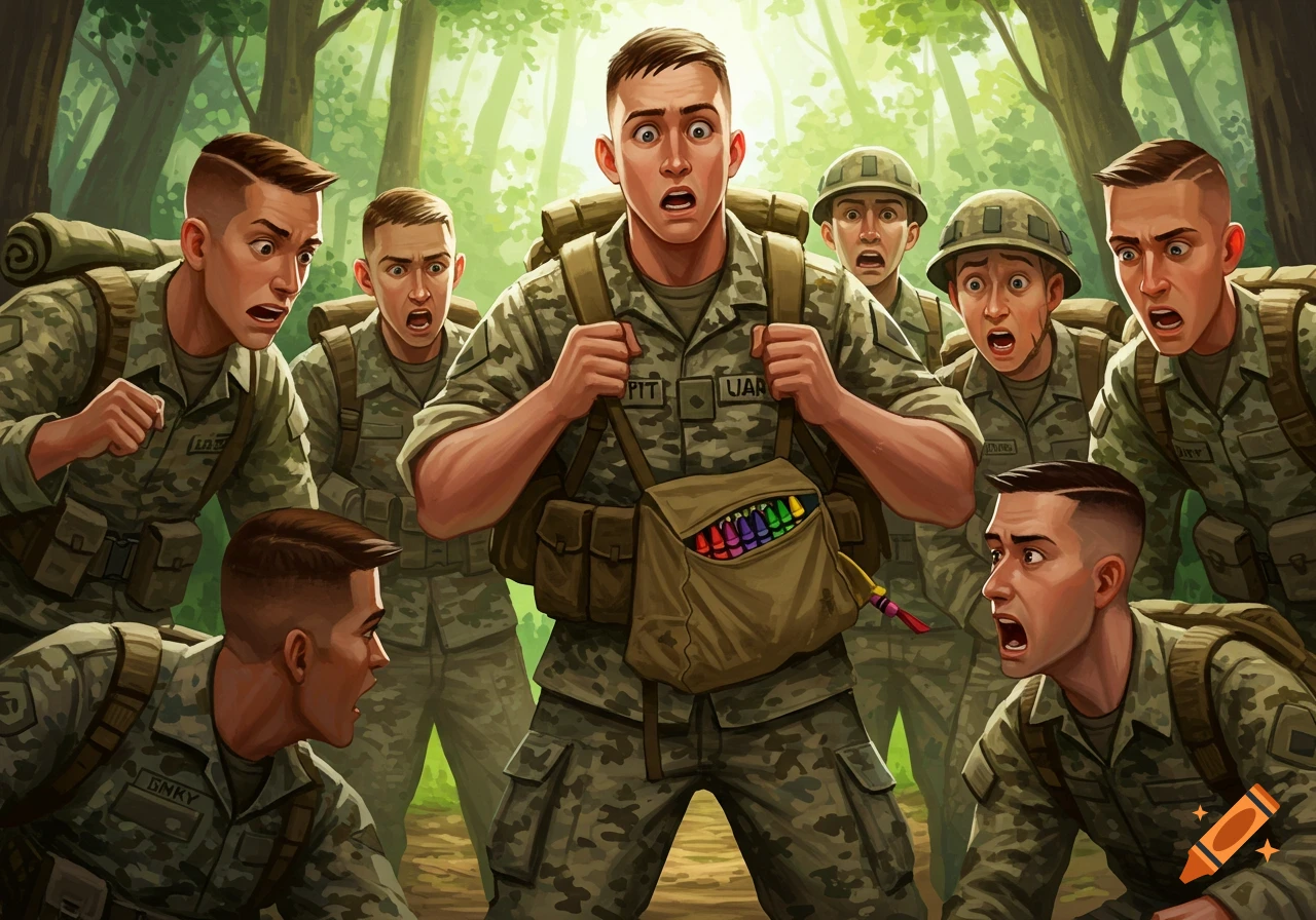 An illustration of multiple shocked and angry soldiers in camouflage uniforms, gathered around a central soldier holding a backpack with a pouch of colorful crayons.