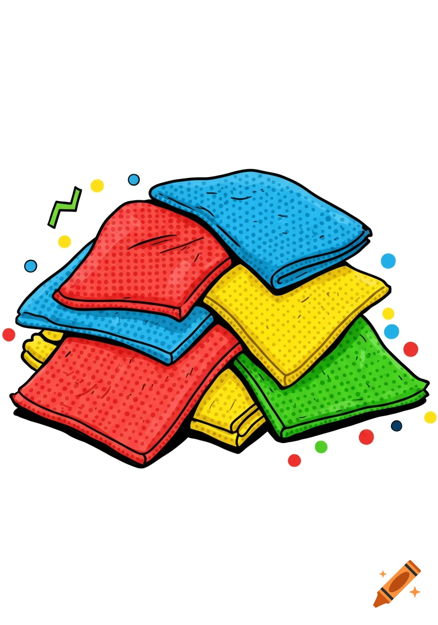 A fun cartoon pile of red, blue, yellow, and green microfiber cleaning cloths in a 90s pop art style.