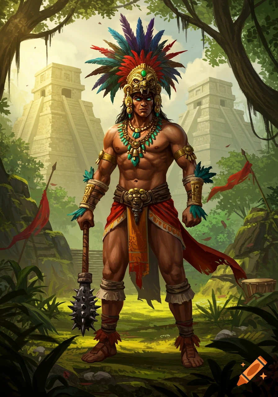 A muscular Mayan warrior with a feathered headdress, jewelry, and loincloth stands in a jungle with ancient pyramids, holding a spiked club.