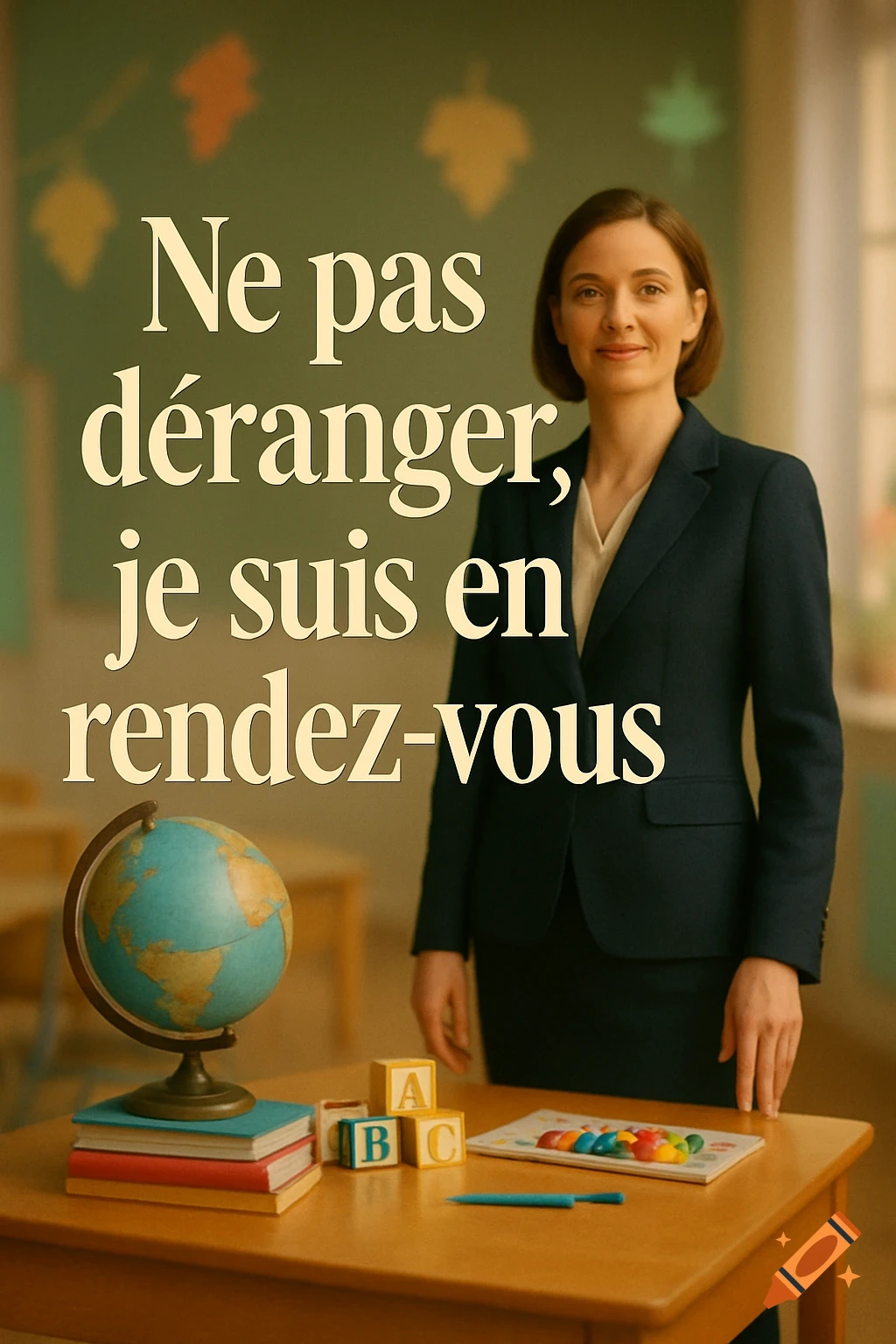 A smiling woman in a dark suit stands in a classroom next to a desk with a globe, books, and ABC blocks. French text "Ne pas déranger, je suis en rendez-vous" is prominent on the wall.