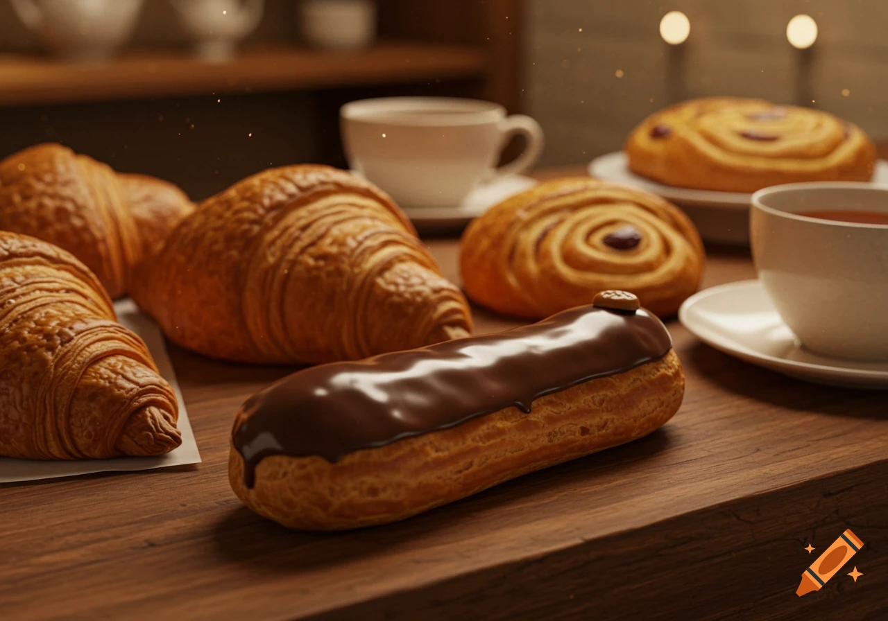 Photorealistic image of an eclair, croissants, and other pastries with coffee cups on a wooden table.
