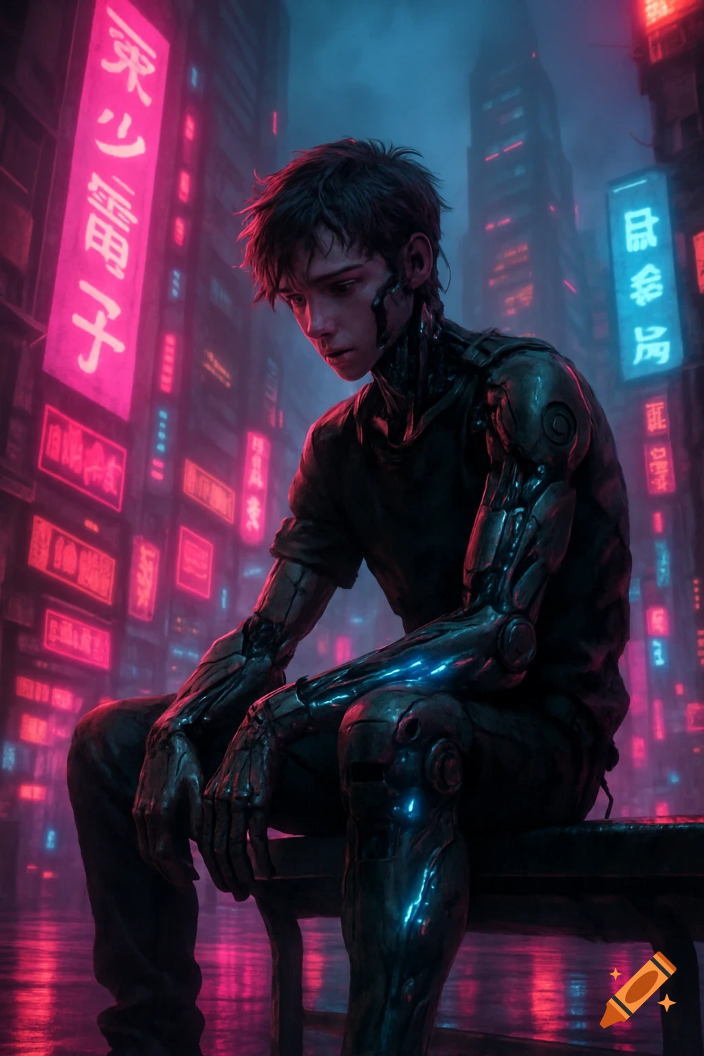 Melancholic male teen cyborg sits under neon pink and cyan lights in a futuristic cyberpunk city.