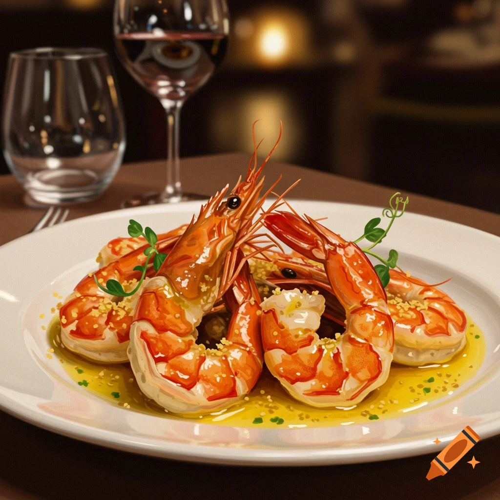 A plate of cooked shrimp with sauce and green garnish, served in a restaurant with wine glasses blurred in the background.