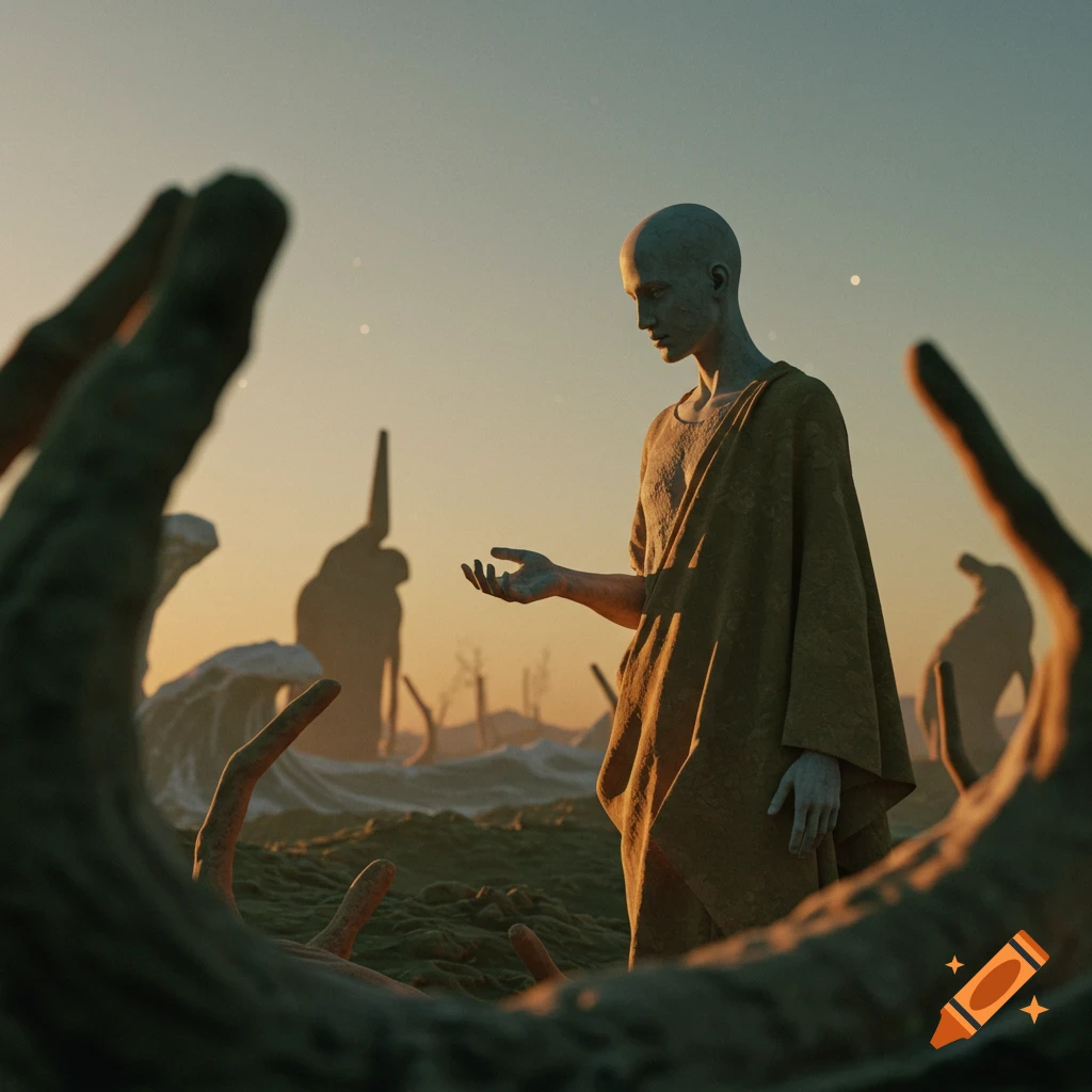 A bald, robed figure stands in a desolate landscape at sunset, holding an open hand. Strange structures rise from the ground.